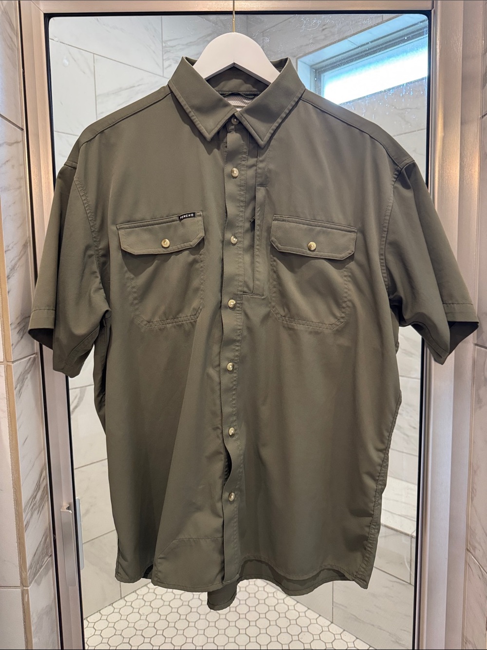 Men's Poncho Olive Short-Sleeve Button-Down Casual Shirt